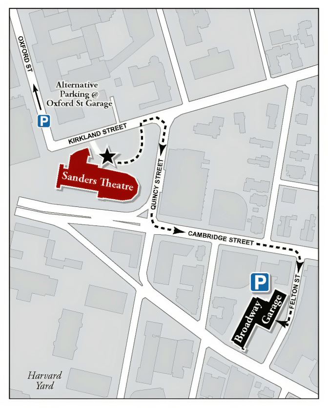 Sanders Theatre Parking Map in grey, crimson, blue and black